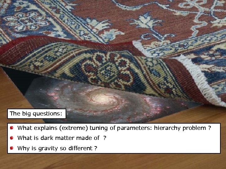 The big questions: What explains (extreme) tuning of parameters: hierarchy problem ? What is