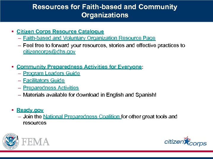 Resources for Faith-based and Community Organizations § Citizen Corps Resource Catalogue – Faith-based and