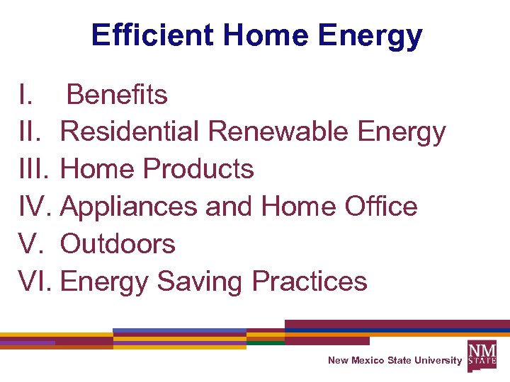 Efficient Home Energy I. Benefits II. Residential Renewable Energy III. Home Products IV. Appliances