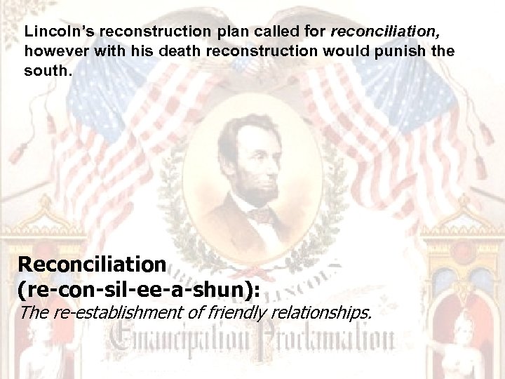 Lincoln’s reconstruction plan called for reconciliation, however with his death reconstruction would punish the