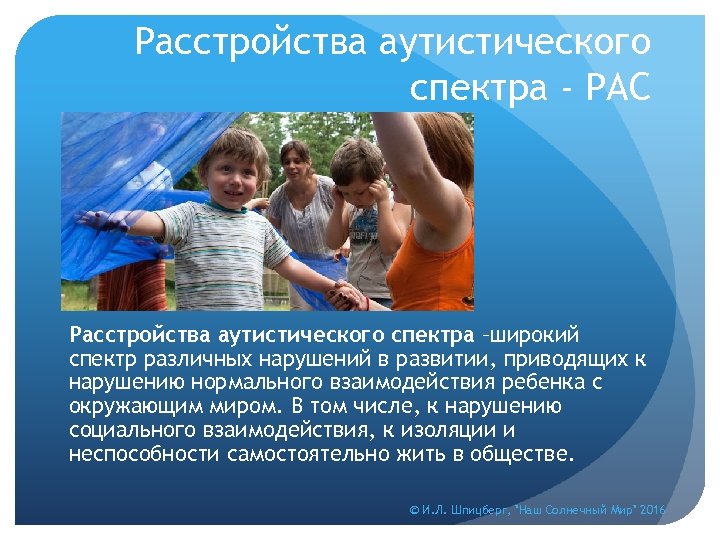 Расстройства аутистического спектра - РАС Расстройства аутистического спектра –широкий спектр различных нарушений в развитии,