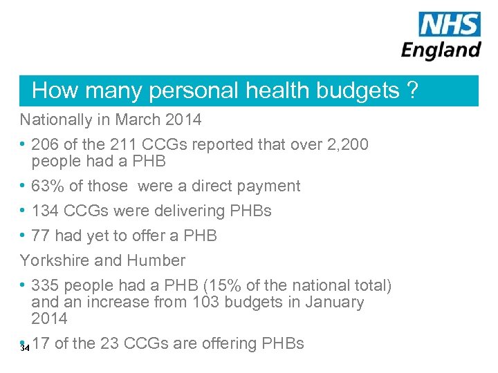 How many personal health budgets ? Nationally in March 2014 • 206 of the
