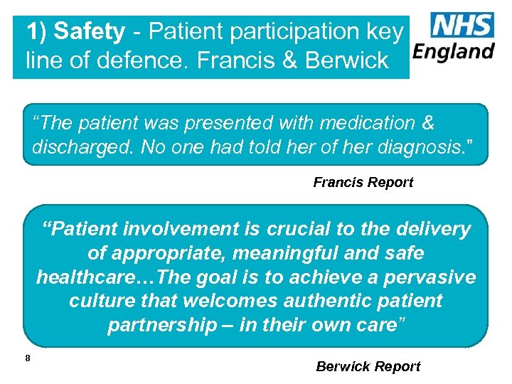 1) Safety - Patient participation key line of defence. Francis & Berwick “The patient