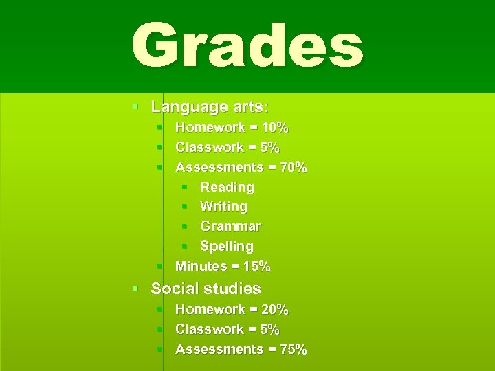 Grades § Language arts: § Homework = 10% § Classwork = 5% § Assessments