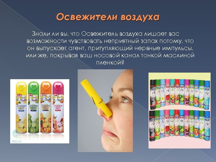 Освежители воздуха Знали ли вы, что Освежитель воздуха лишает вас возможности чувствовать неприятный запах