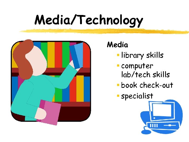Media/Technology Media § library skills § computer lab/tech skills § book check-out § specialist