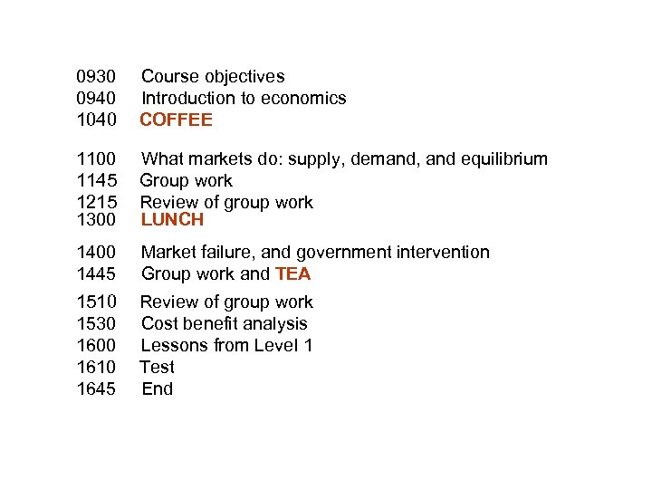 0930 0940 1040 Course objectives Introduction to economics COFFEE 1100 1145 1215 1300 What