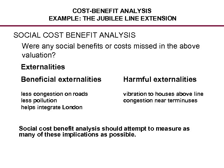 COST-BENEFIT ANALYSIS EXAMPLE: THE JUBILEE LINE EXTENSION SOCIAL COST BENEFIT ANALYSIS Were any social