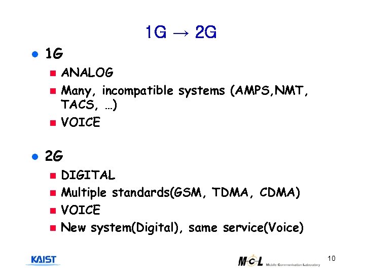 1 G → 2 G l 1 G ANALOG n Many, incompatible systems (AMPS,