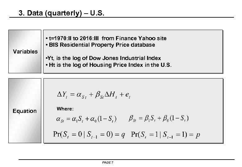 3. Data (quarterly) – U. S. • t=1970: II to 2016: III from Finance