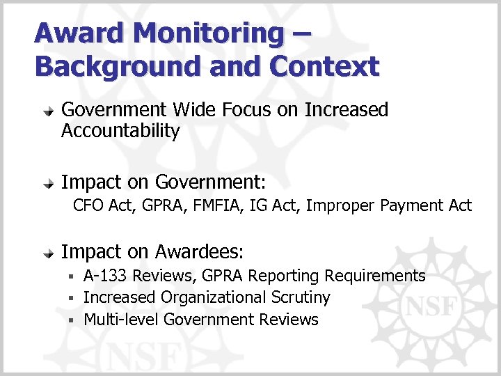 Award Monitoring – Background and Context Government Wide Focus on Increased Accountability Impact on