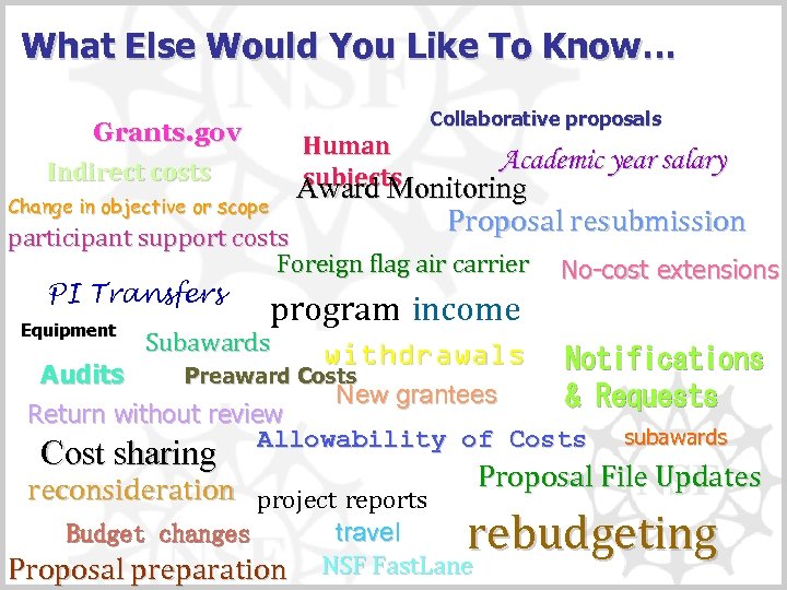 What Else Would You Like To Know… Collaborative proposals Grants. gov Indirect costs Human