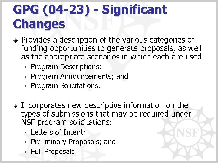 GPG (04 -23) - Significant Changes Provides a description of the various categories of