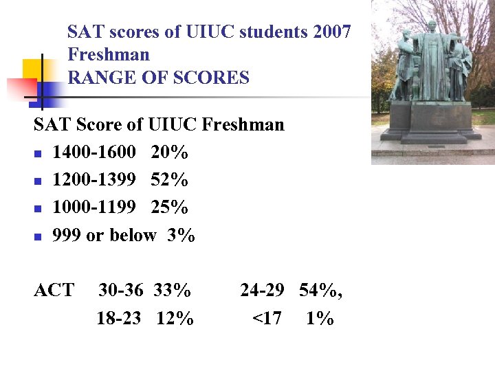 SAT scores of UIUC students 2007 Freshman RANGE OF SCORES SAT Score of UIUC
