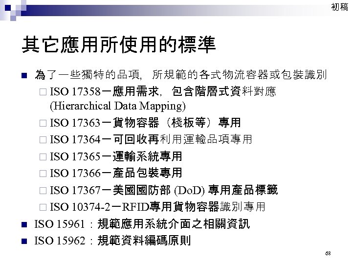 初稿 其它應用所使用的標準 n n n 為了一些獨特的品項，所規範的各式物流容器或包裝識別 ¨ ISO 17358－應用需求，包含階層式資料對應 (Hierarchical Data Mapping) ¨ ISO