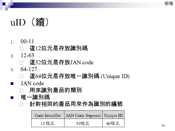 初稿 u. ID（續） 1. 2. 3. n n 00 -11 ¨ 這 12位元是存放識別碼 12