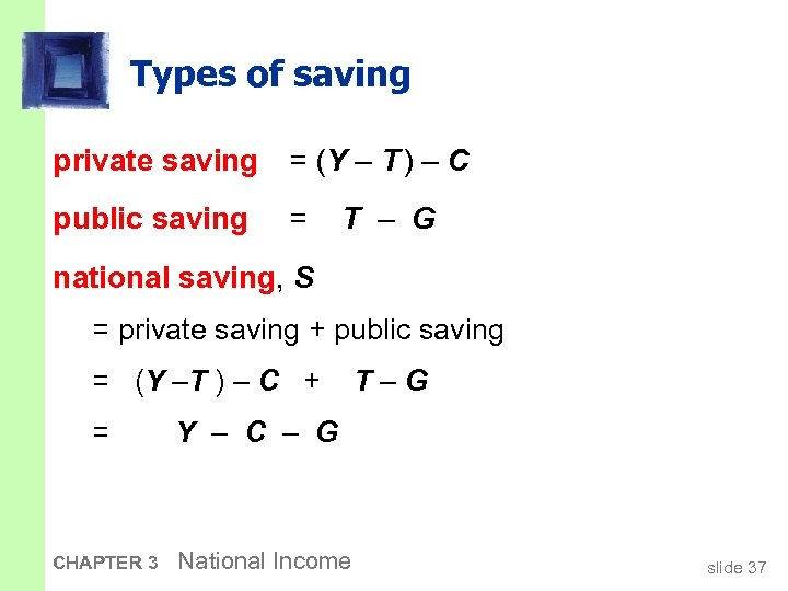 Types of saving private saving = (Y – T ) – C public saving