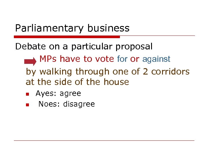 Parliamentary business Debate on a particular proposal MPs have to vote for or against