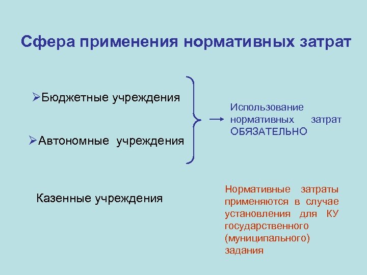 Сфера применения нормативных затрат ØБюджетные учреждения ØАвтономные учреждения Ø Казенные учреждения Использование нормативных затрат