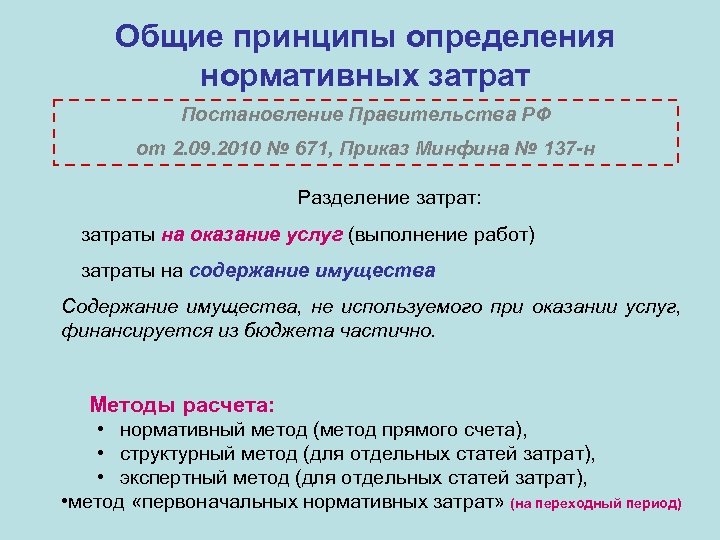 Общие принципы определения нормативных затрат Постановление Правительства РФ от 2. 09. 2010 № 671,