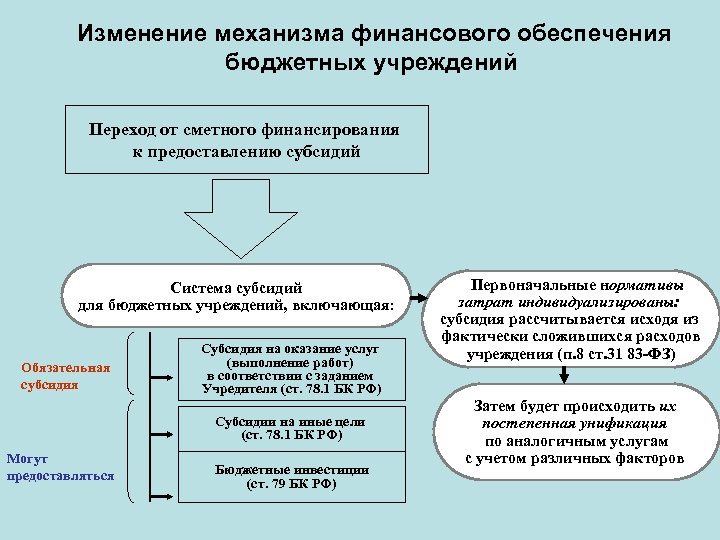 Изменение механизма финансового обеспечения бюджетных учреждений Переход от сметного финансирования к предоставлению субсидий Система