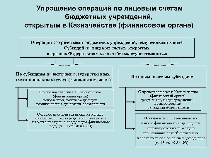 Упрощение операций по лицевым счетам бюджетных учреждений, открытым в Казначействе (финансовом органе) Операции со