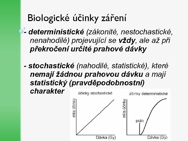Biologické účinky záření - deterministické (zákonité, nestochastické, nenahodilé) projevující se vždy, ale až při
