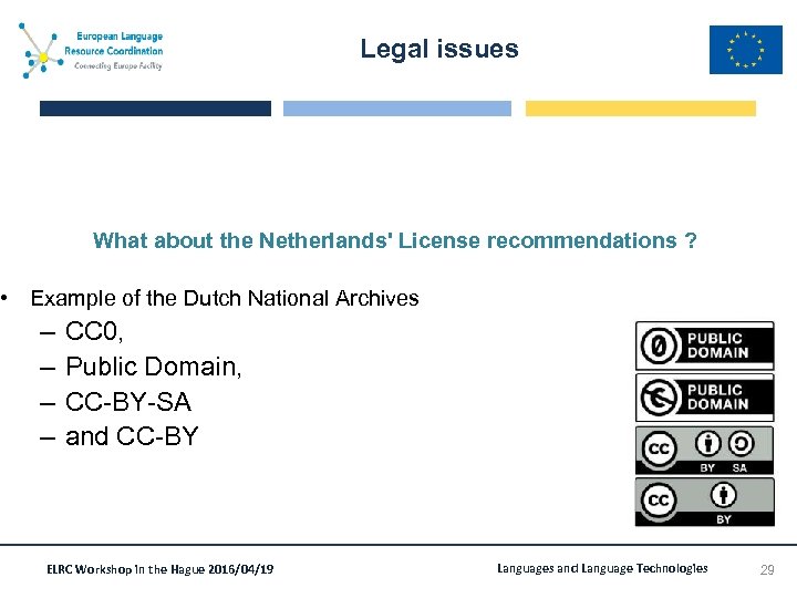 Legal issues What about the Netherlands' License recommendations ? • Example of the Dutch