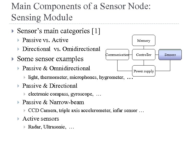 Main Components of a Sensor Node: Sensing Module Sensor’s main categories [1] Passive vs.