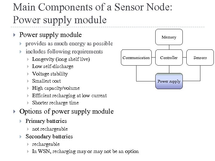 Main Components of a Sensor Node: Power supply module provides as much energy as