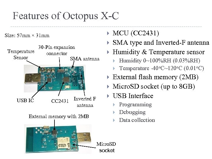 Features of Octopus X-C Size: 57 mm × 31 mm 30 -Pin expansion Temperature