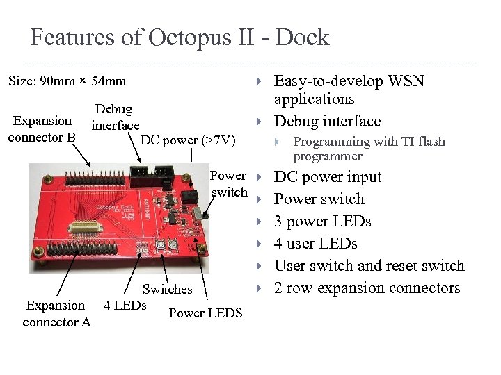 Features of Octopus II - Dock Size: 90 mm × 54 mm Expansion connector