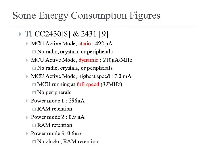 Some Energy Consumption Figures TI CC 2430[8] & 2431 [9] MCU Active Mode, static