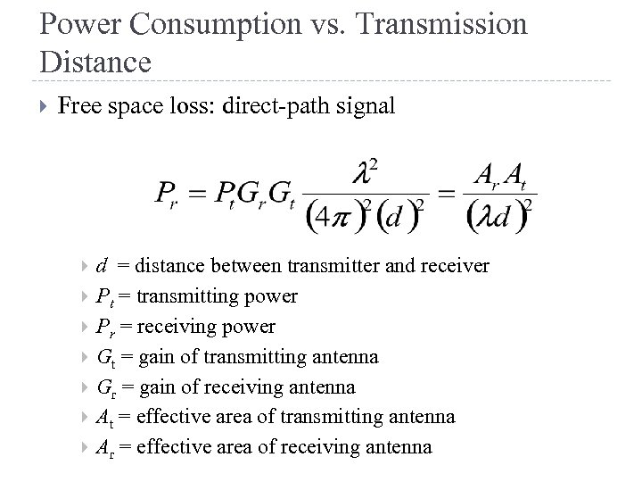 Power Consumption vs. Transmission Distance Free space loss: direct-path signal d = distance between