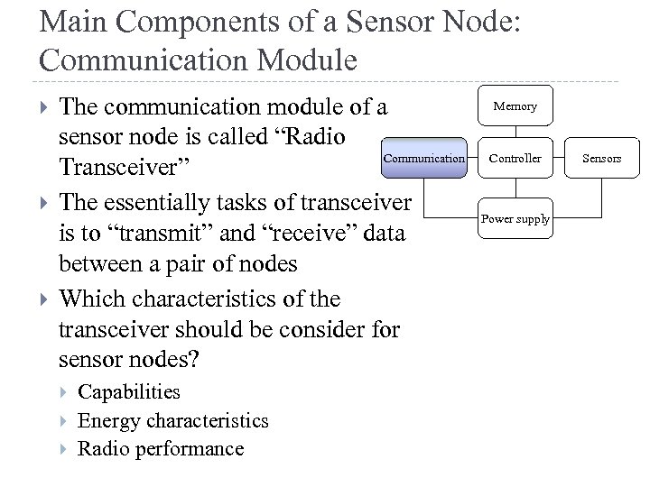 Main Components of a Sensor Node: Communication Module The communication module of a sensor