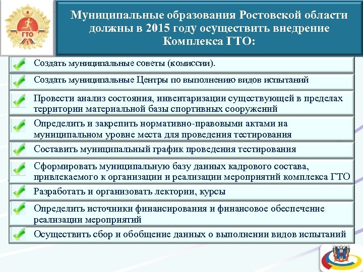 Муниципальные образования Ростовской области должны в 2015 году осуществить внедрение Комплекса ГТО: Создать муниципальные