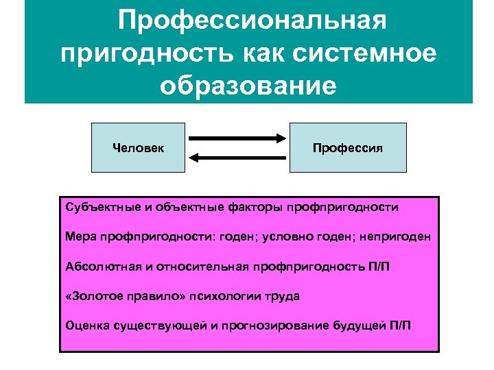Профессиональная пригодность как системное образование Человек Профессия Субъектные и объектные факторы профпригодности Мера профпригодности: