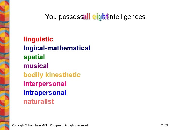 You possess Intelligences linguistic logical-mathematical spatial musical bodily kinesthetic interpersonal intrapersonal naturalist Copyright ©