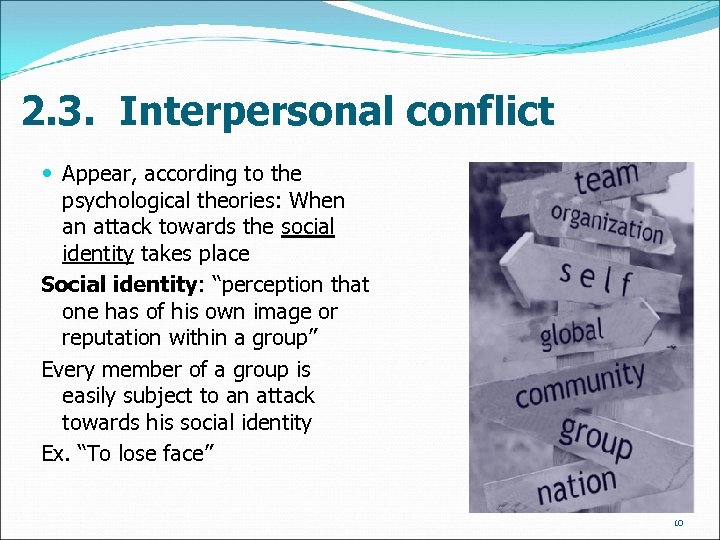 2. 3. Interpersonal conflict Appear, according to the psychological theories: When an attack towards