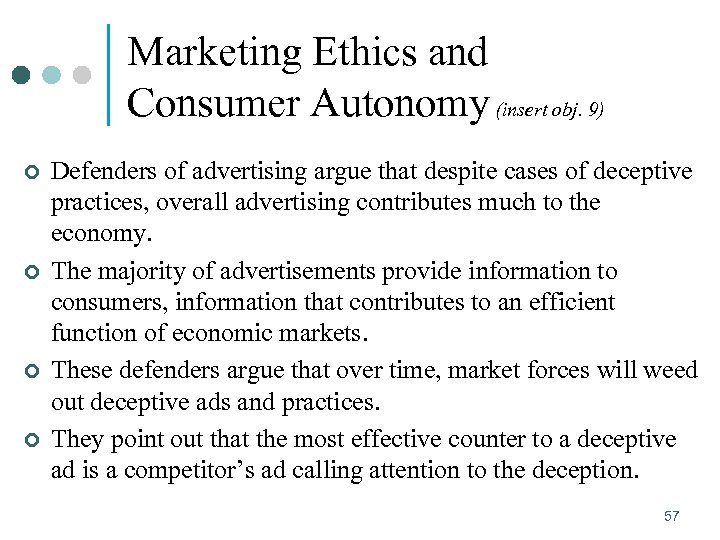 Marketing Ethics and Consumer Autonomy (insert obj. 9) ¢ ¢ Defenders of advertising argue