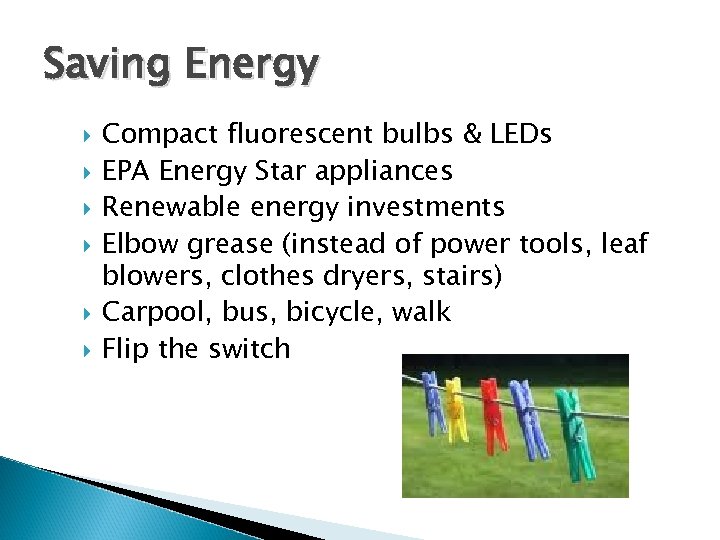 Saving Energy Compact fluorescent bulbs & LEDs EPA Energy Star appliances Renewable energy investments