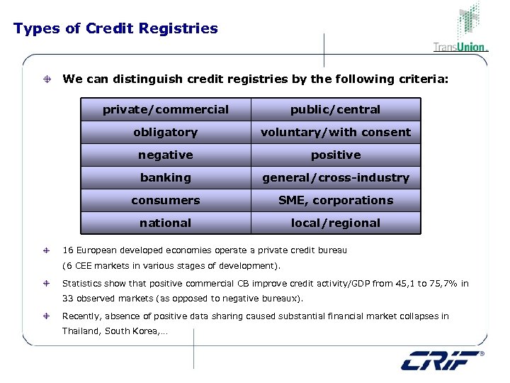 Types of Credit Registries We can distinguish credit registries by the following criteria: private/commercial