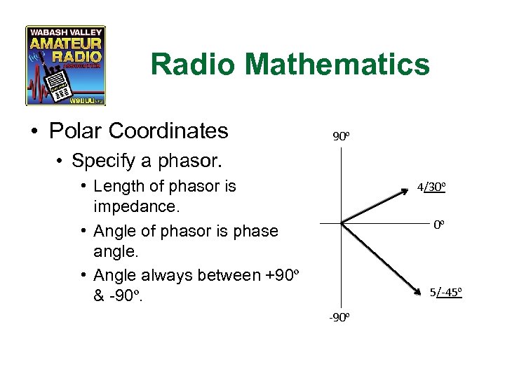 Radio Mathematics • Polar Coordinates 90º • Specify a phasor. • Length of phasor