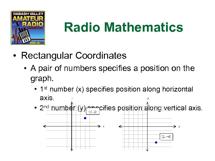 Radio Mathematics • Rectangular Coordinates • A pair of numbers specifies a position on