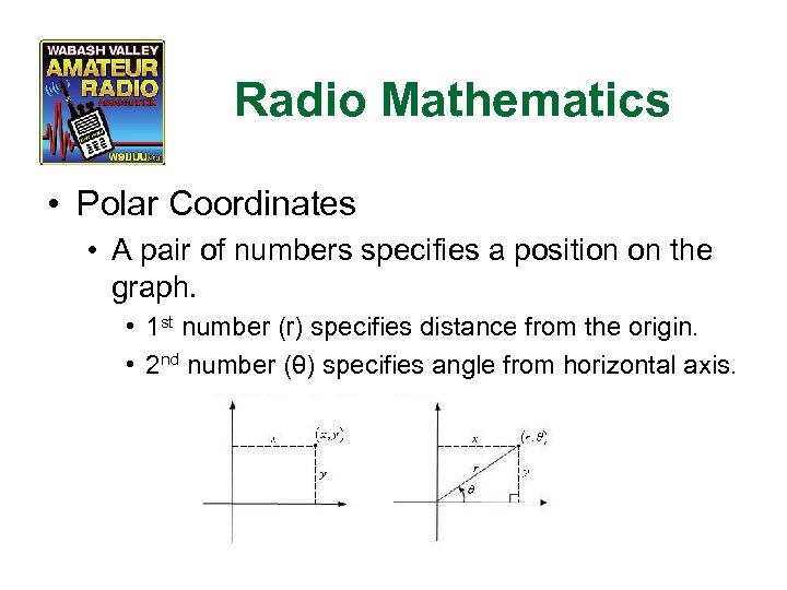 Radio Mathematics • Polar Coordinates • A pair of numbers specifies a position on