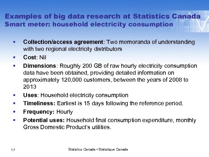 Examples of big data research at Statistics Canada Smart meter: household electricity consumption §