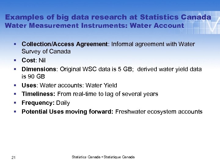 Examples of big data research at Statistics Canada Water Measurement Instruments: Water Account §