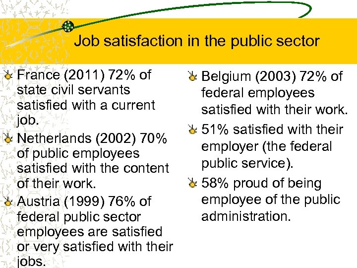 Job satisfaction in the public sector France (2011) 72% of state civil servants satisfied