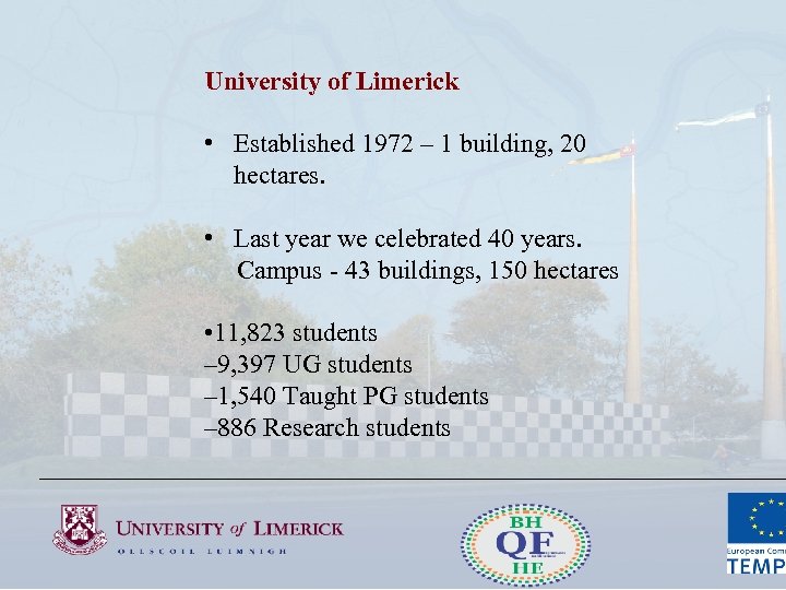 University of Limerick • Established 1972 – 1 building, 20 hectares. • Last year