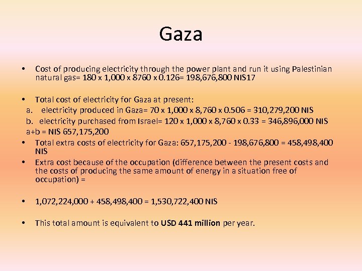 Gaza • Cost of producing electricity through the power plant and run it using